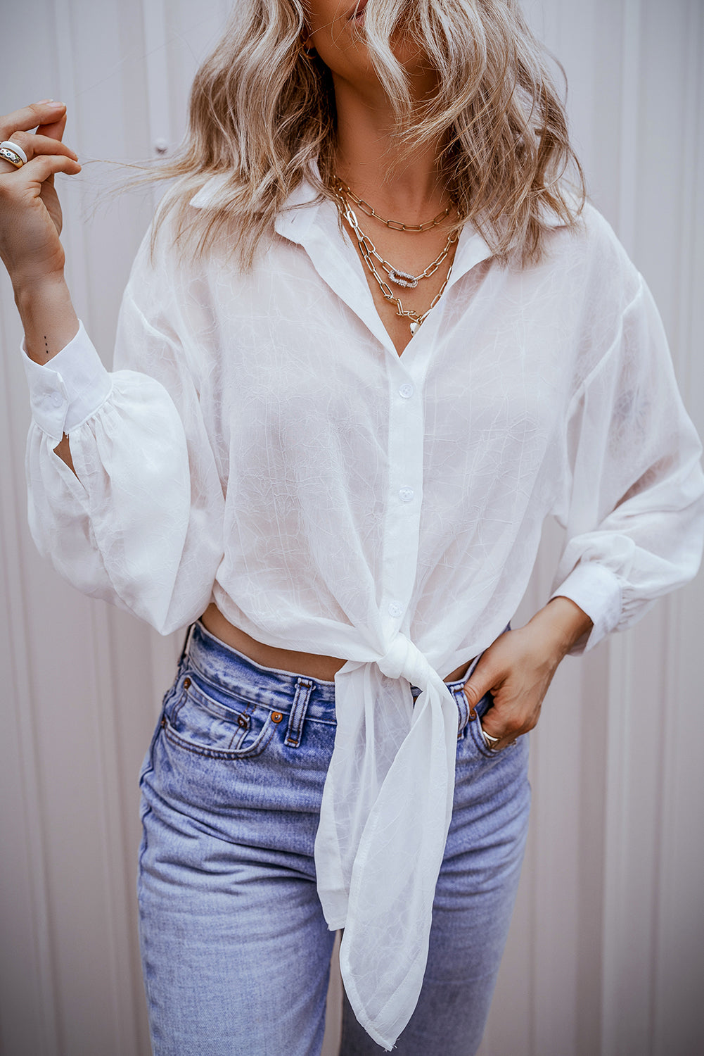 Solid Knotted Front Loose Fit Sheer Shirt | White