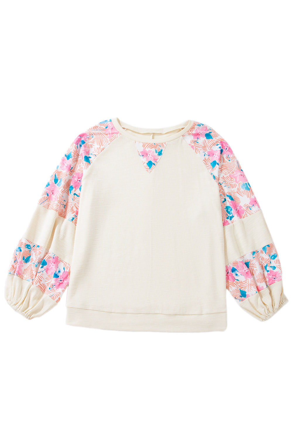 Plus Size Floral Patchwork Ribbed Puff Sleeve Top | Apricot