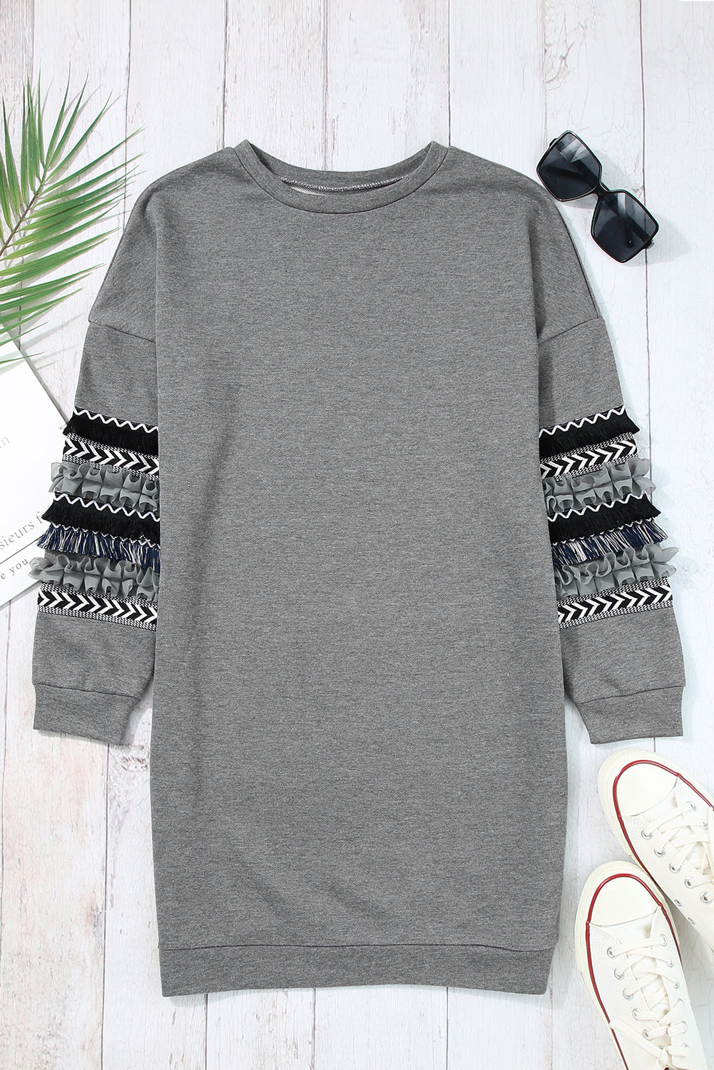 Printed Fringed Ruffled Accent Sweatshirt Dress | Dark Grey