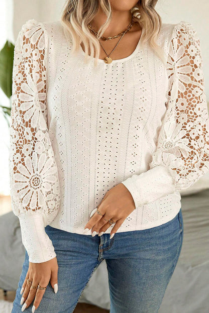 Contrast Floral Guipure Lace Lantern Sleeve U Neck Plus Size Blouse | Apricot