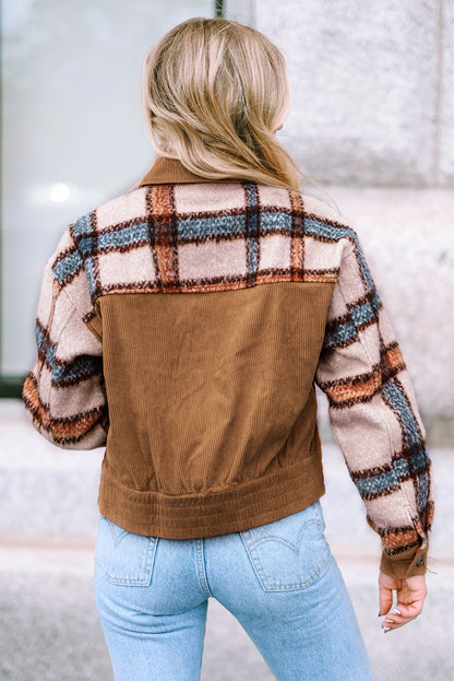 Plaid Corduroy Flap Pockets Boxy Chunky Jacket | Khaki