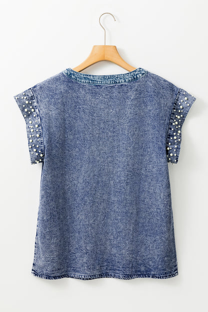 Acid Wash Pearl Embellishments O-Neck Denim Top | Dusk Blue