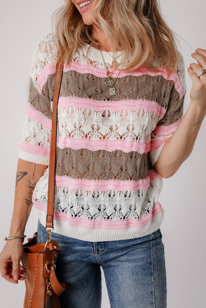 Colour Block Hollow Out Crochet Half Sleeve Sweater | Brown Stripe