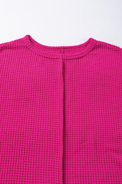 Textured Center Seam Long Sleeve Split Top | Rose Red