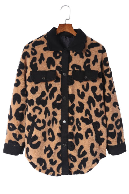 Contrast Trimmed Leopard Teddy Shacket | Black