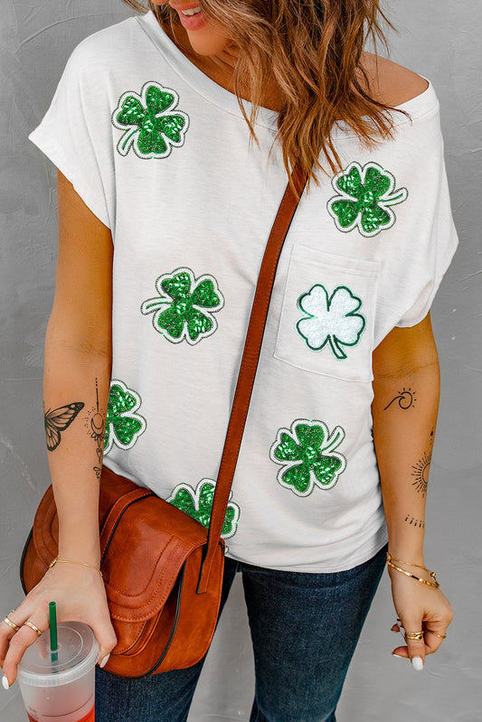 white Sequin St Patrick Clover Patch Pocket Loose Tee