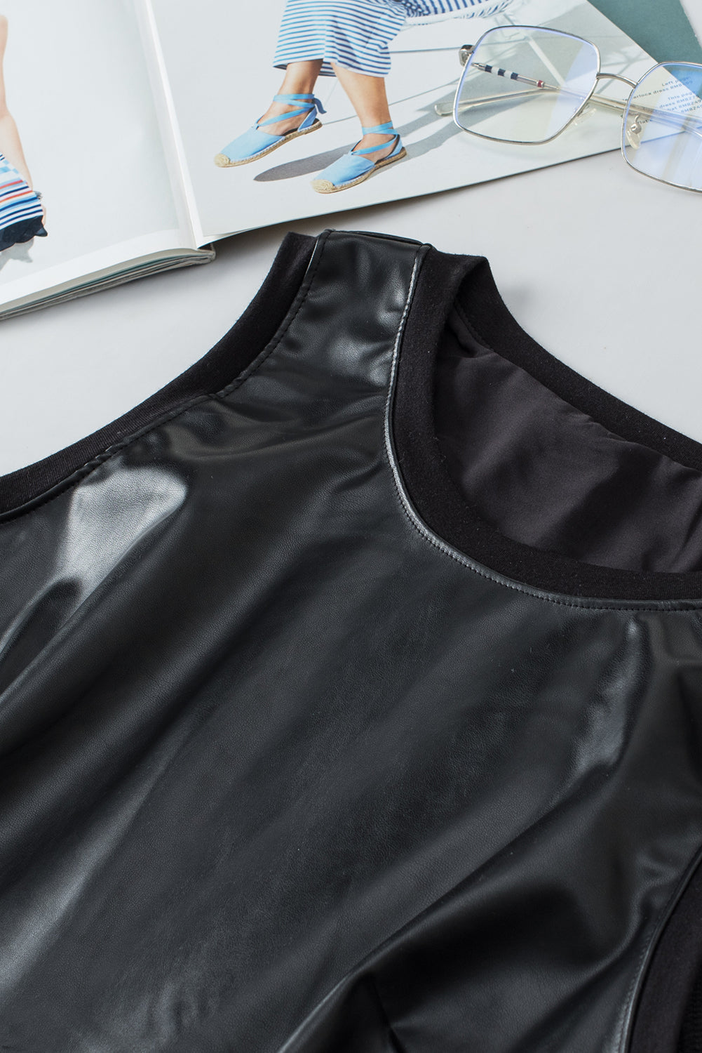 Faux Leather Crew Neck Tank Top | Black