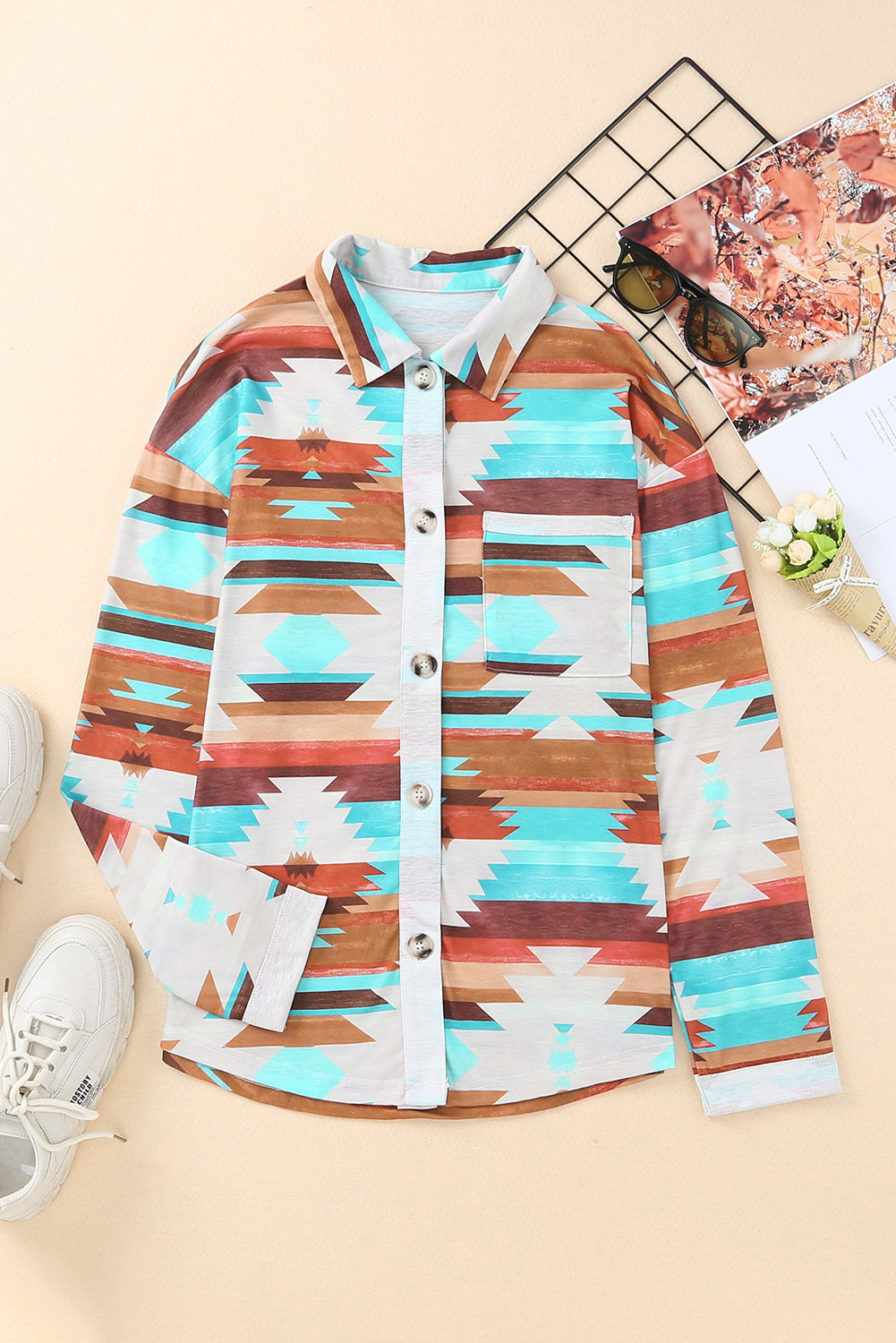 Aztec Print Buttoned Pocket Chest Long Sleeve Shirt | Multicolour