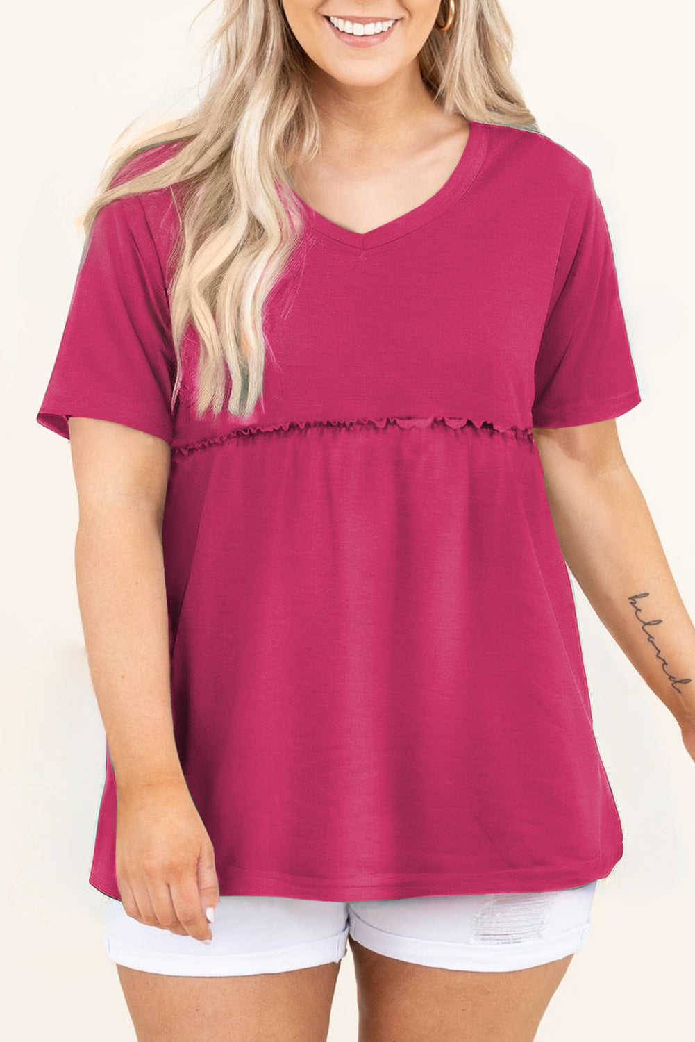 Solid Short Sleeve Flowy Plus Size Top | Rose Red