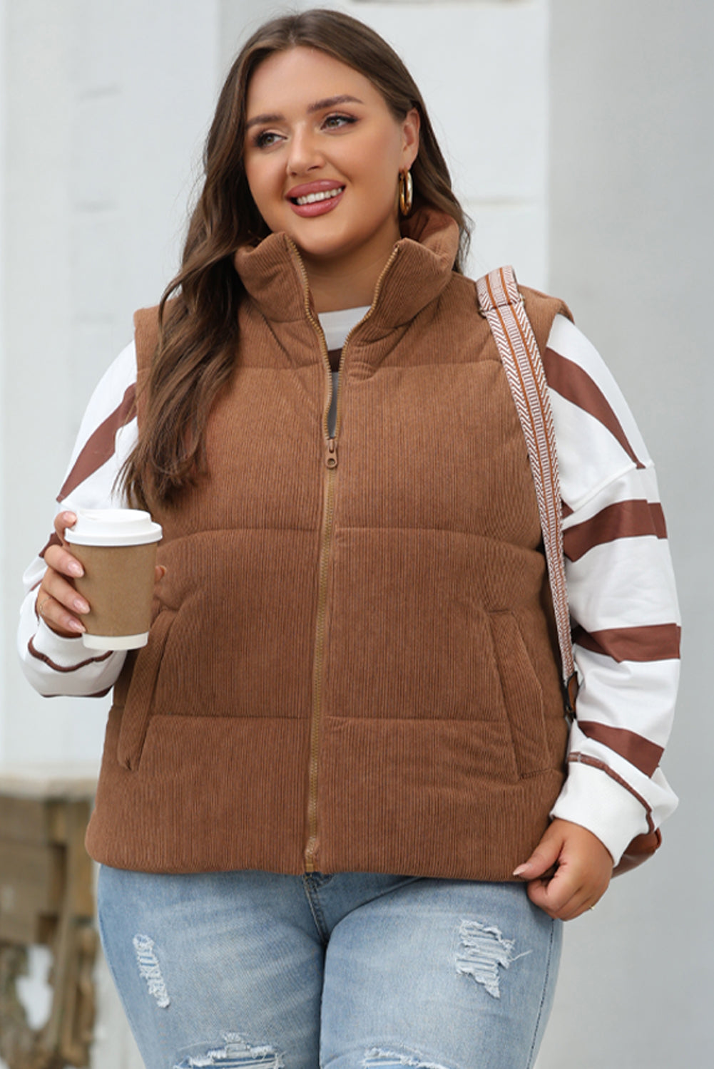 Corduroy Stand Neck Zipped Puffer Vest | Coffee