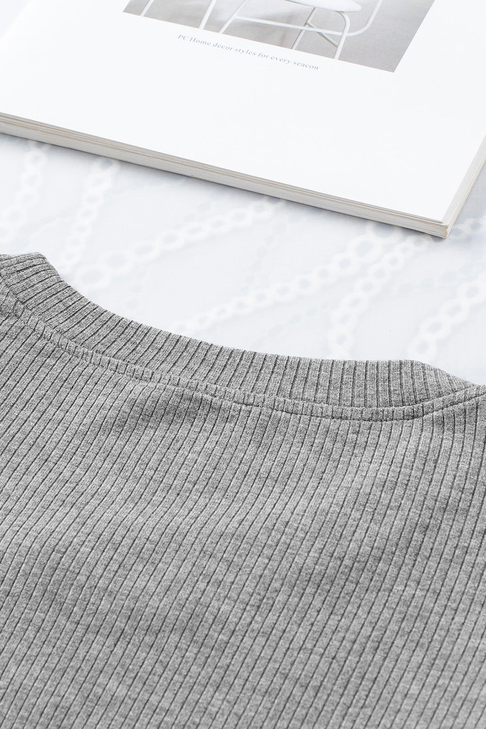 Dotty Mesh Ruffle Sleeve Ribbed Knit Top | Gray