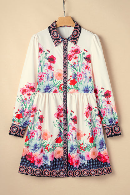 Floral Print Buttoned High Waist Shirt Mini Dress | Apricot