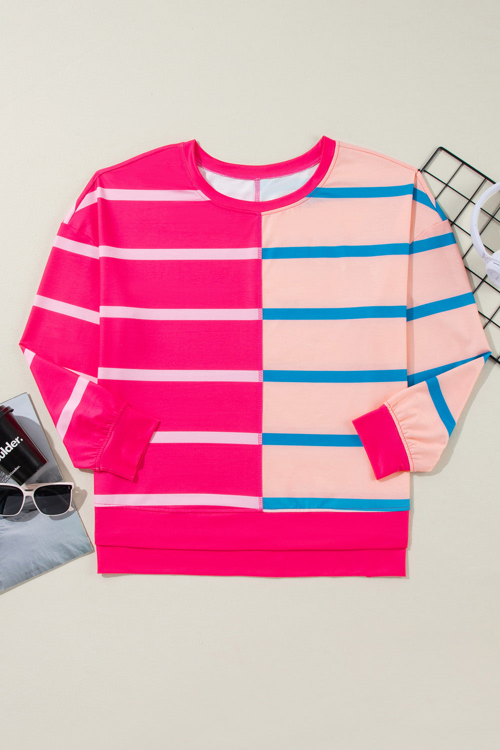 Colour Block Crewneck Long Sleeve Plus Size T Shirt | Rose Stripe