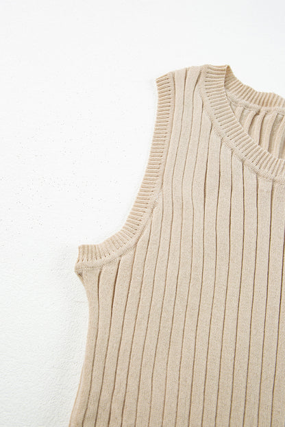 Ribbed Knit Crew Neck Tank Top | Apricot