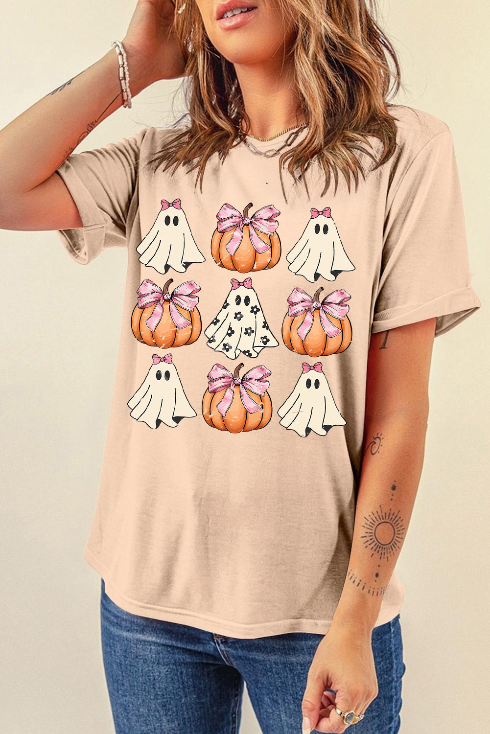 Bowknot Ghost Pumpkin Graphic Halloween T Shirt | Khaki