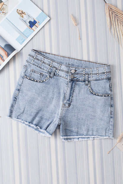 Diamond Studded Vintage Wash Denim Shorts | Sky Blue