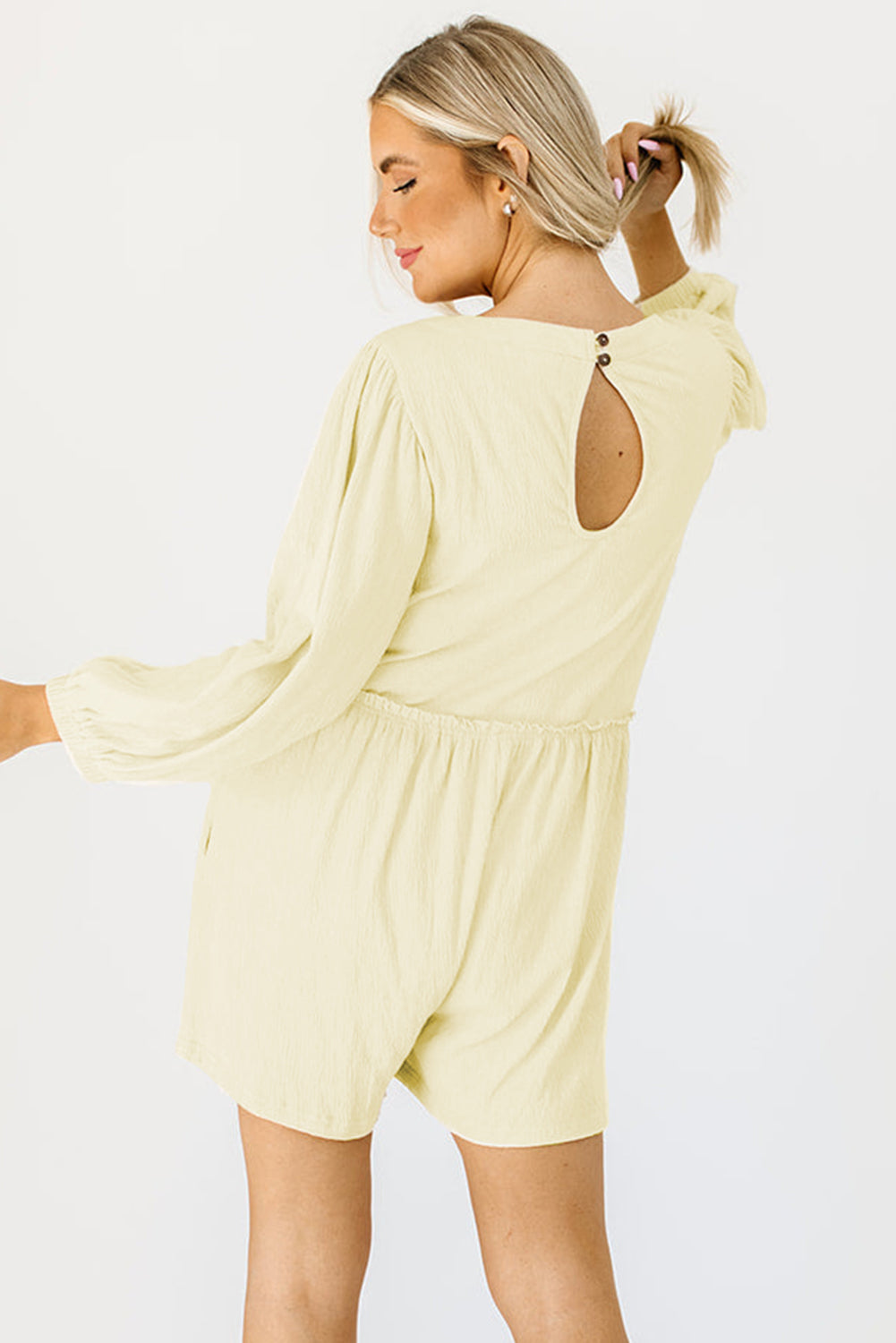 Solid Colour High Waist Long Sleeve Romper | Apricot