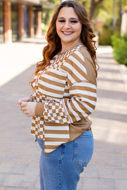 Striped Checkered Mixed Print Chest Pocket Casual Plus Size Top | Khaki