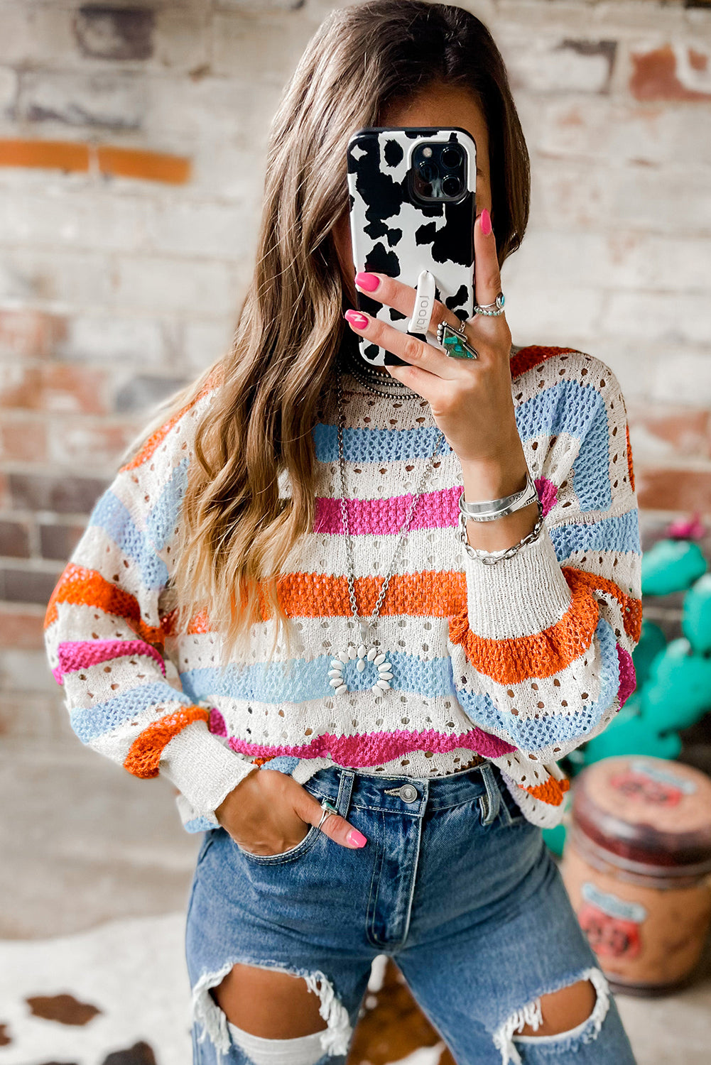 Striped Hollowed Knitted Loose Sweater | Multicolour