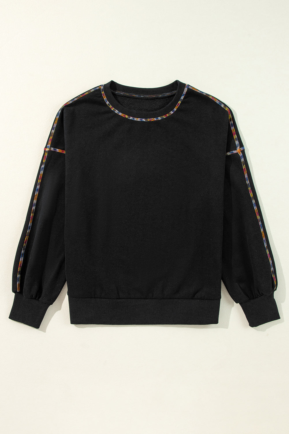 Contrast Rainbow Trim Drop Shoulder Pullover Sweatshirt | Black