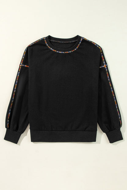 Contrast Rainbow Trim Drop Shoulder Pullover Sweatshirt | Black