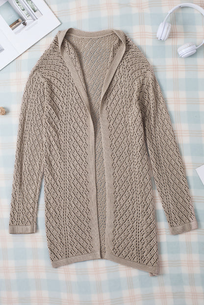 Solid Colour Pointelle Knit Open Front Cardigan | Smoke Gray