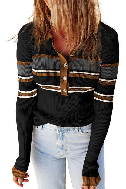 Rib Knitted Stripe Detail Henley Sweater | Black