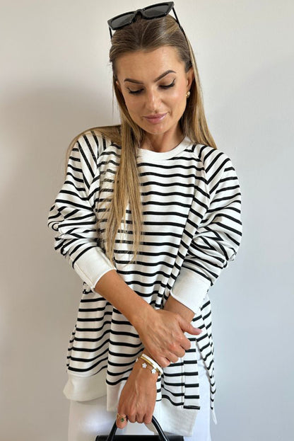 Raglan Sleeve Side Slits Loose Sweatshirt | Black Stripe