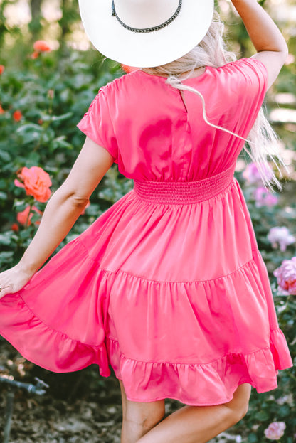 Ruched Sleeve V Neck Smock Waist Tiered Ruffled Dress | Strawberry Pink