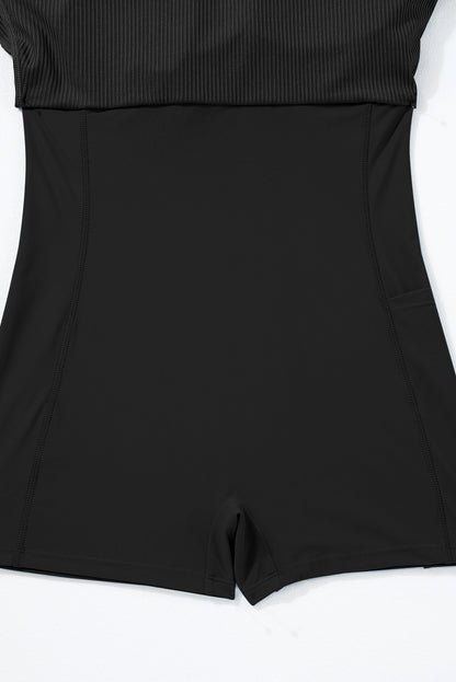 Sporty Ribbed Spaghetti Straps One Piece Swimdress | Black