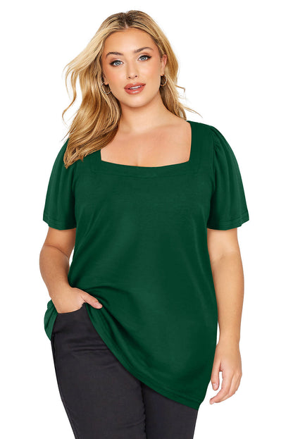 Plus Size Square Neck Ruched Shoulder Short Sleeve Top | Green