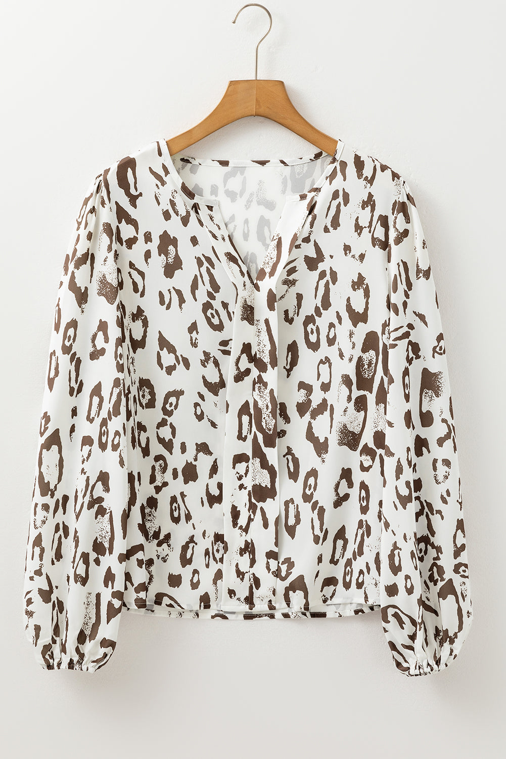 Leopard Print Split Neck Balloon Sleeve Blouse | Khaki