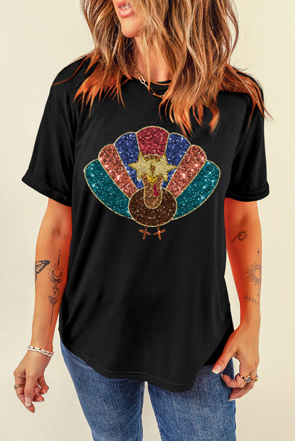 Glitter Turkey Heat Transfer Printing Thanksgiving T Shirt | Black