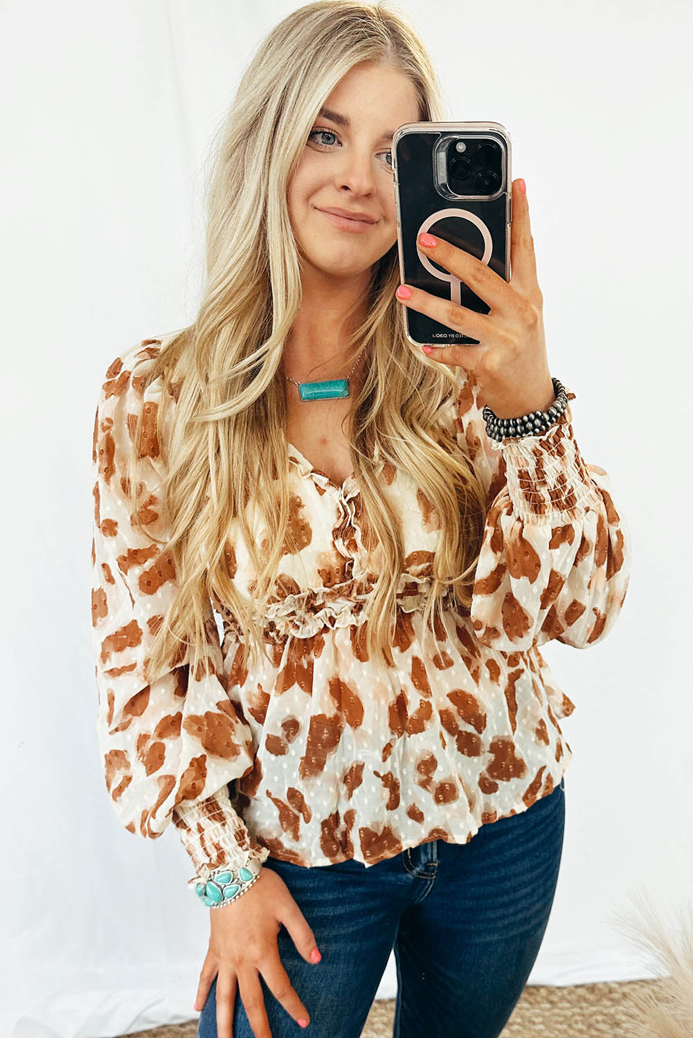 Jacquard Puff Sleeve Peplum Blouse | Leopard