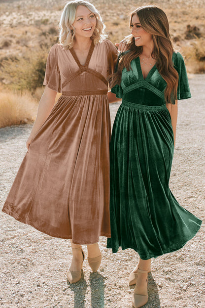 Velvet Lacy V Neckline Short Sleeve Empire Waist Flowy Maxi Dress | Chestnut