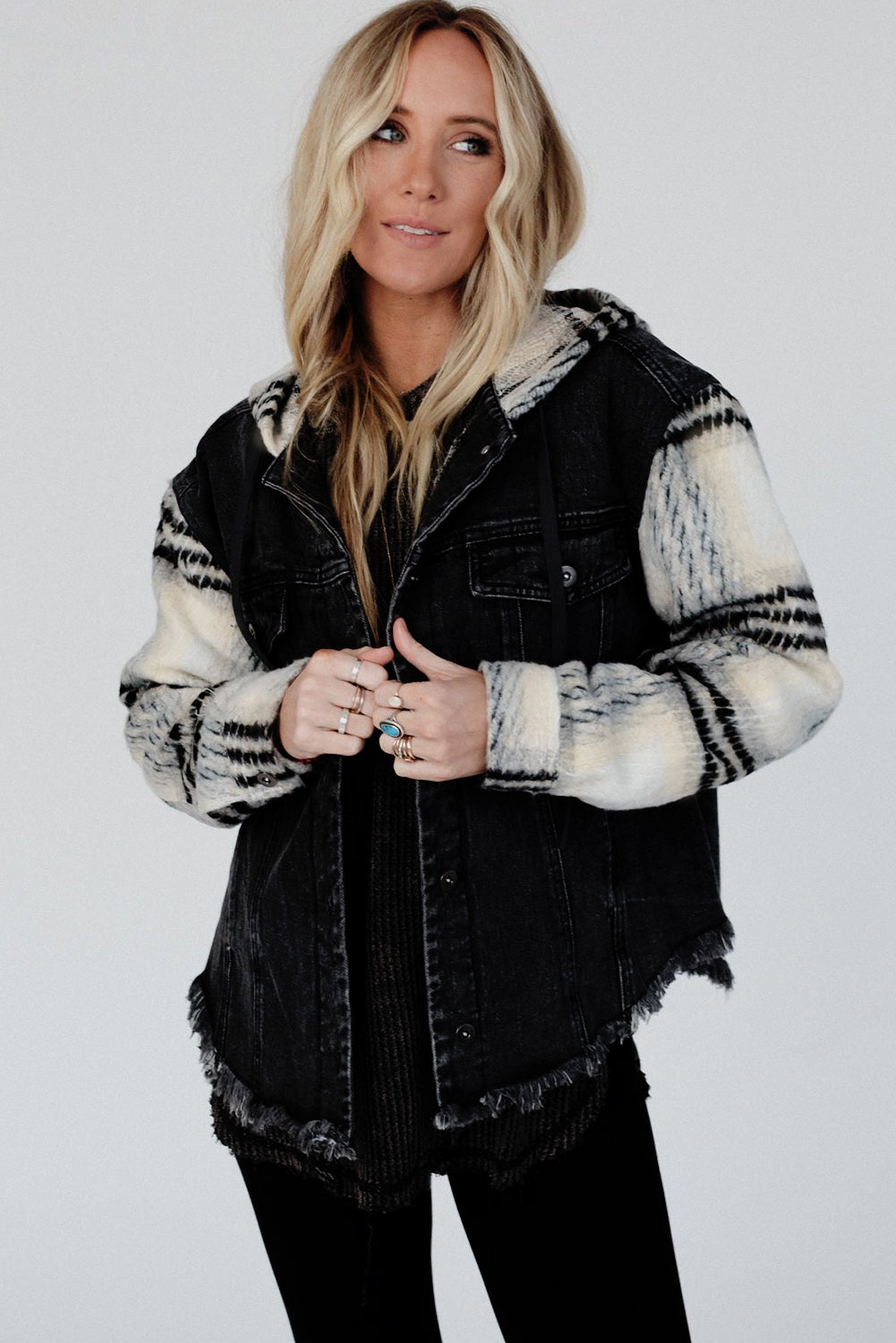 Plaid Sleeve Frayed Hem Hooded Denim Jacket | Black