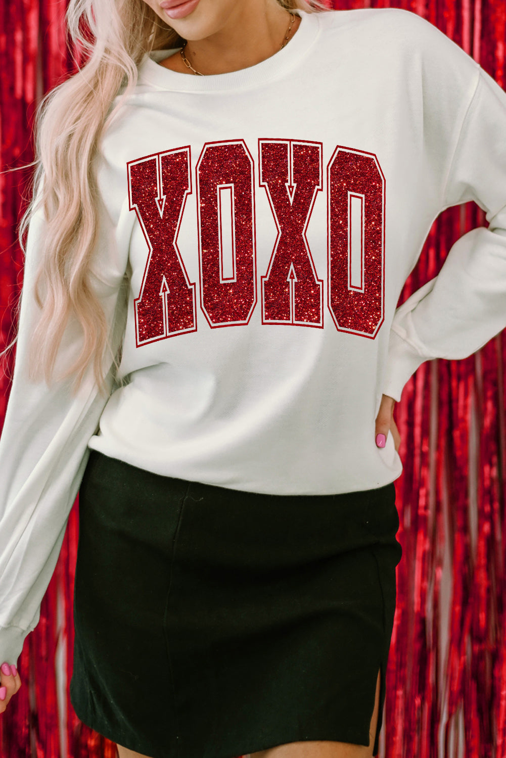 Glitter Xoxo Graphic Crewneck Valentines Pullover Sweatshirt | White