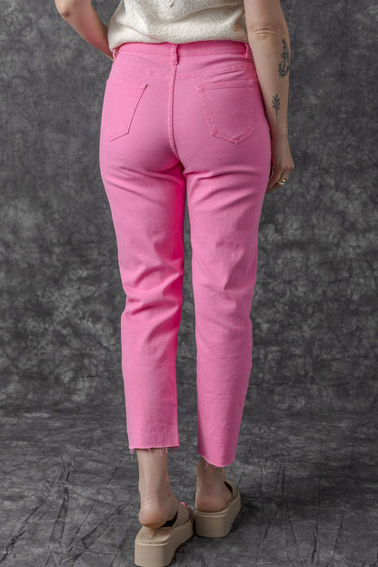 Star Shape Patchwork Mid Waist Straight Leg Jeans | Pink