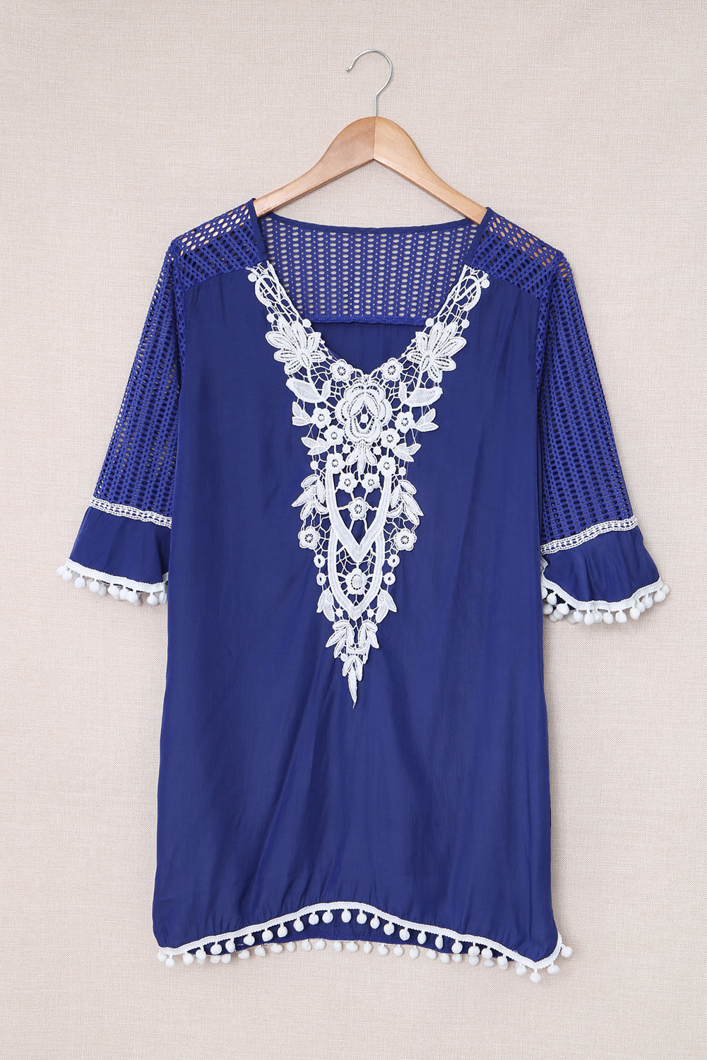 Crochet Pom Pom Trim Beach Tunic Cover Up | Blue