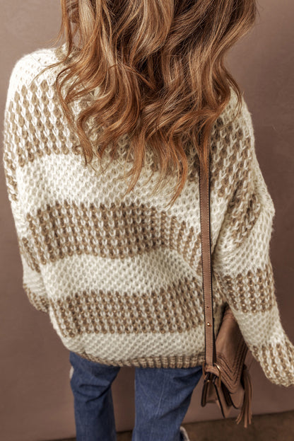 Drop Shoulder Round Neck Loose Sweater | Brown Stripe