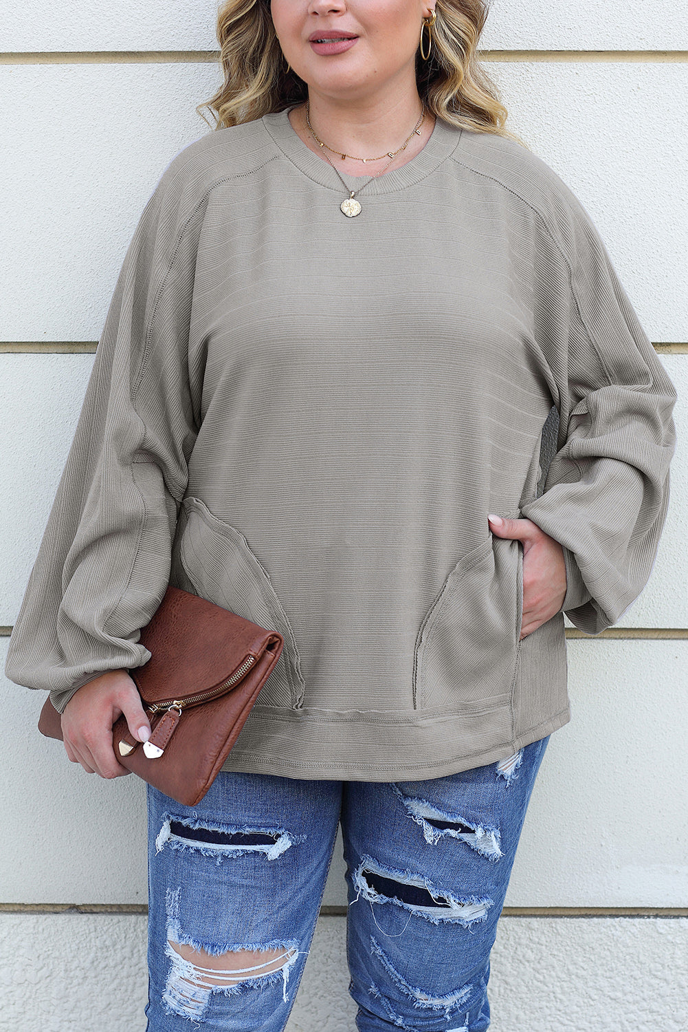 Ribbed Side Pockets Long Sleeve Plus Size Top | Gray