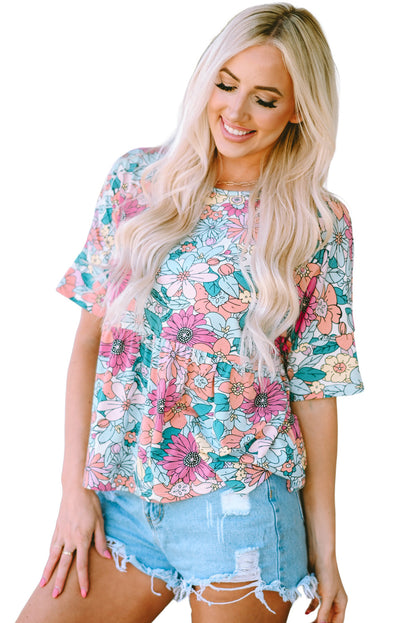 Bohemian Flower Print Flowy Short Sleeve Top | Multicolour