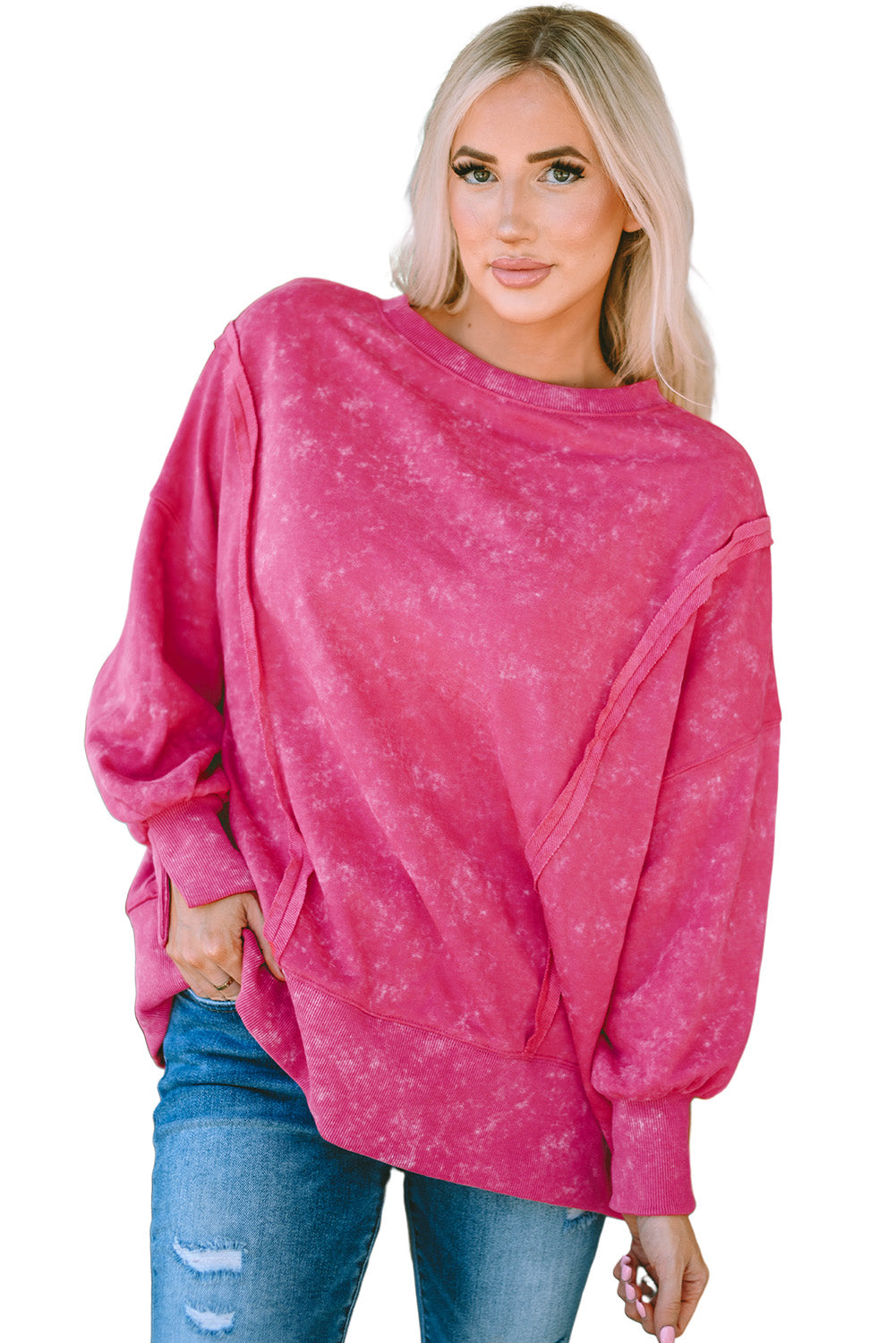 Acid Wash Relaxed Fit Seamed Pullover Sweatshirt With Slits | Rose