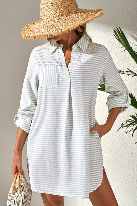 Collared V Neck Chest Pocket Long Sleeve Beach Cover Up | White Stripe