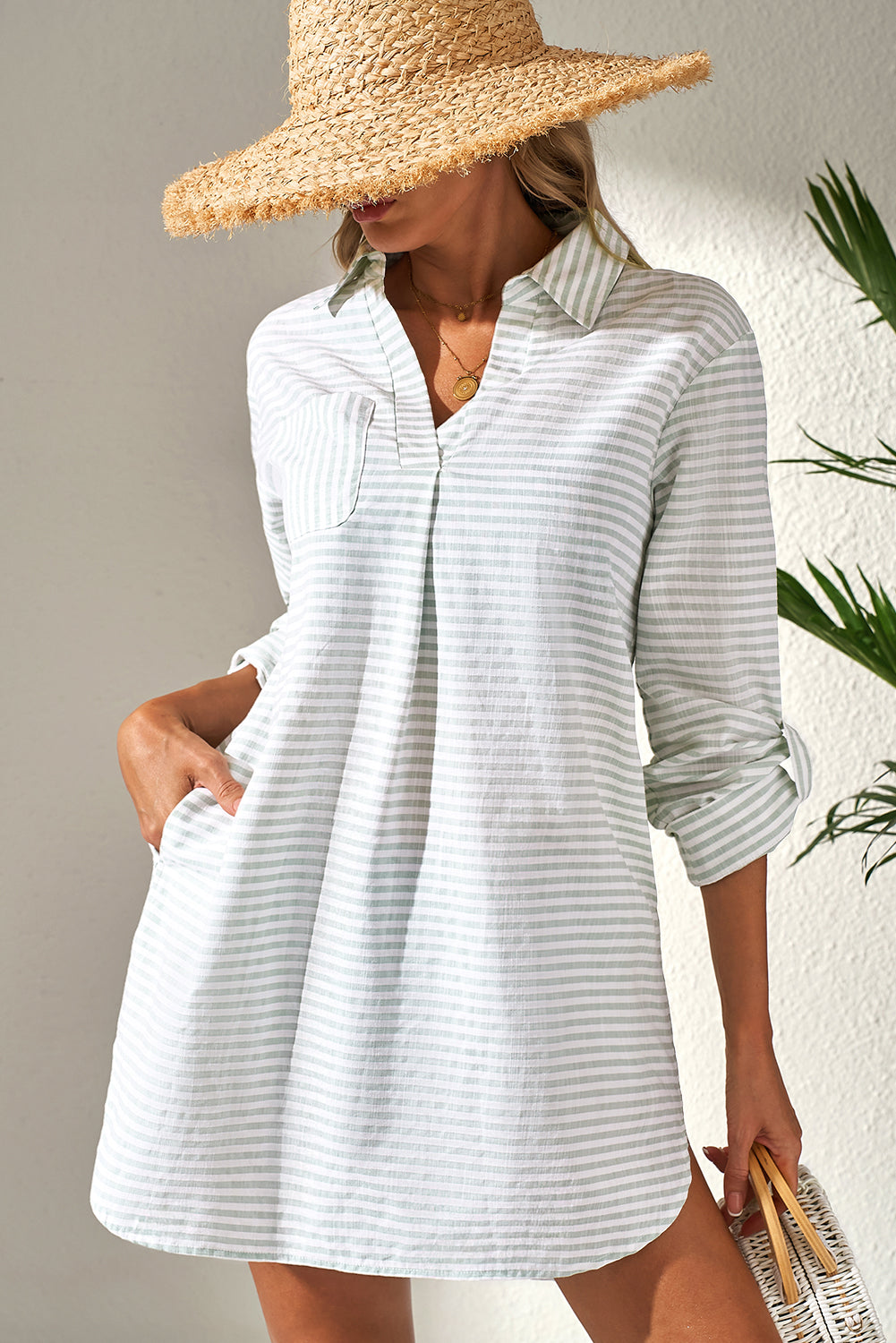 Collared V Neck Chest Pocket Long Sleeve Beach Cover Up | White Stripe