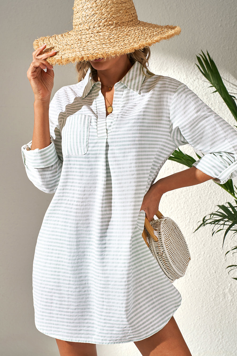 Collared V Neck Chest Pocket Long Sleeve Beach Cover Up | White Stripe