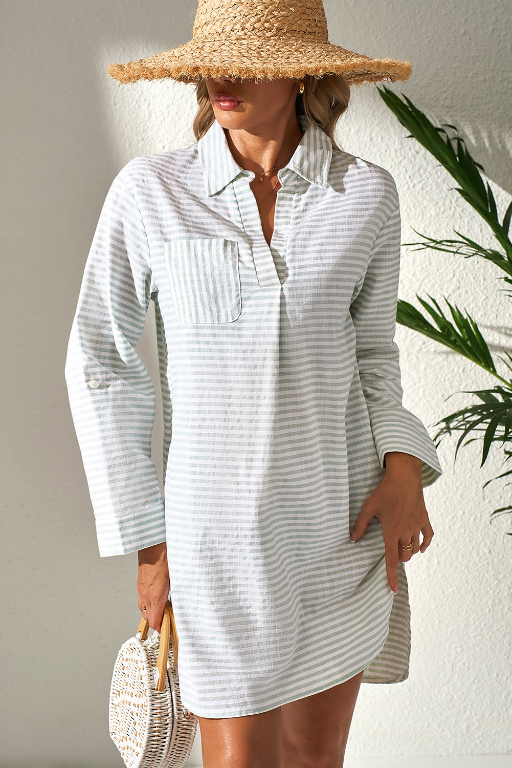 Collared V Neck Chest Pocket Long Sleeve Beach Cover Up | White Stripe