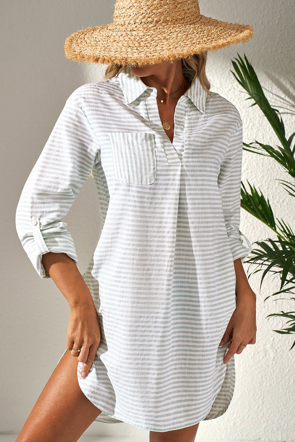 Collared V Neck Chest Pocket Long Sleeve Beach Cover Up | White Stripe