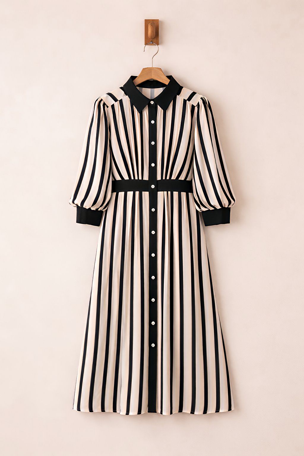 Black and white striped dress with a collar on a hanger against a beige background