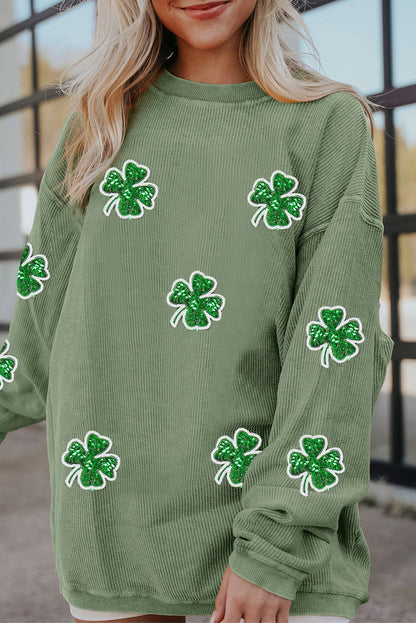 Ribbed Four Leaf Clover Graphic St. Patricks Pullover Sweatshirt | Grass Green